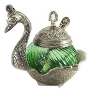 White Metal Glass Peacock Shaped Bowl with Lid and Dessert Spoon/ Kitchen Decor